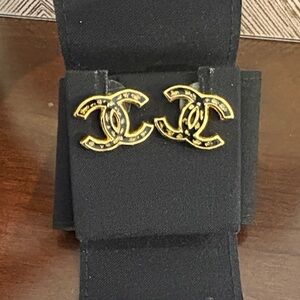 CHANEL Black and Gold Logo Earrings